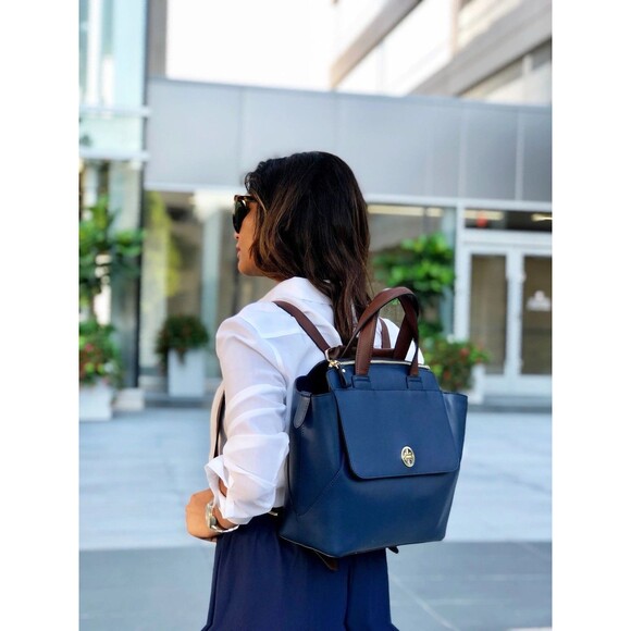 JEMMA Navy Brown POPPINS Backpack Purse Carry All Tote Bag - EXCELLENT! - Picture 1 of 16